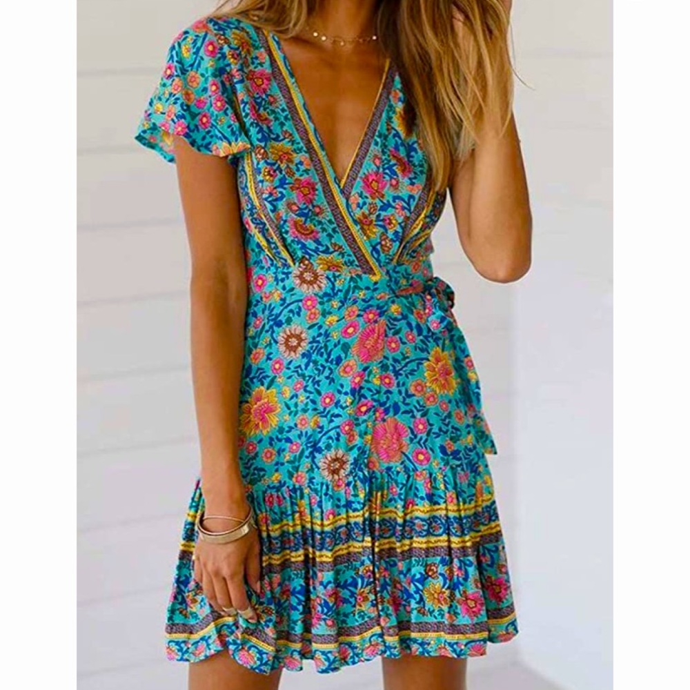 Women’s Summer Wrap V Neck Bohemian Floral Print Ruffle  Mini Dress